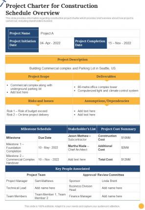 Construction Playbook Project Charter For Construction Schedule One Pager Sample Example Document