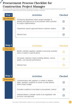 Construction Procurement Process Checklist For Construction Cont One Pager Sample Example Document