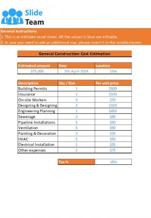 Construction Project Cost Estimate Excel Spreadsheet Worksheet Xlcsv XL Bundle V Engaging Unique