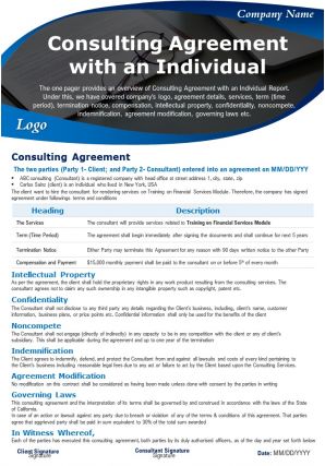 Consulting agreement with an individual presentation report infographic ppt pdf document
