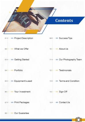 Contents Corporate Photography Proposal Template One Pager Sample Example Document