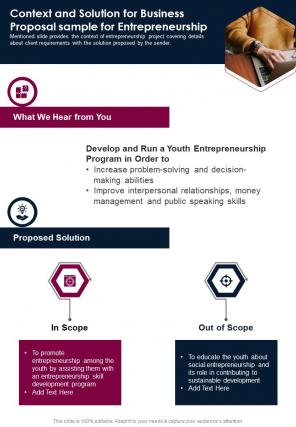 Context And Solution For Business Sample For Entrepreneurship One Pager Sample Example Document