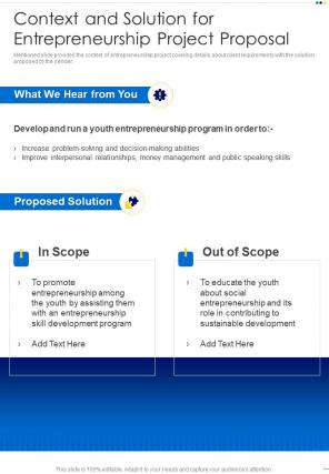 Context And Solution For Entrepreneurship Project Proposal One Pager Sample Example Document