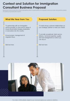 Context And Solution For Immigration Consultant Business Proposal One Pager Sample Example Document