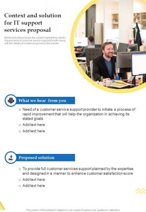 Context And Solution For It Support Services Proposal One Pager Sample Example Document