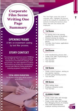 Corporate film scene writing one page summary presentation report infographic ppt pdf document