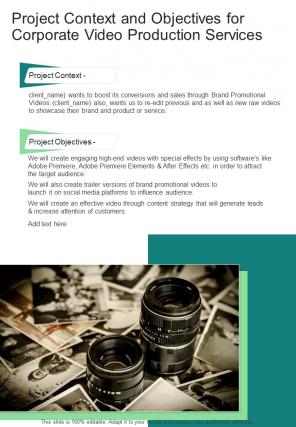 Corporate Video Production Services Project Context And Objectives For One Pager Sample Example Document