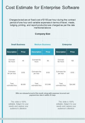 Cost Estimate For Enterprise Software Proposal Template One Pager Sample Example Document
