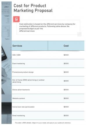 Cost For Product Marketing Proposal One Pager Sample Example Document