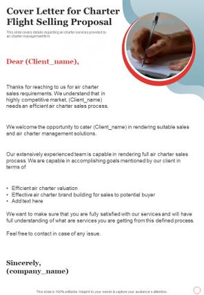 Cover Letter For Charter Flight Selling Proposal One Pager Sample Example Document