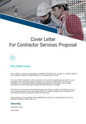 Cover Letter For Contractor Services Proposal One Pager Sample Example Document
