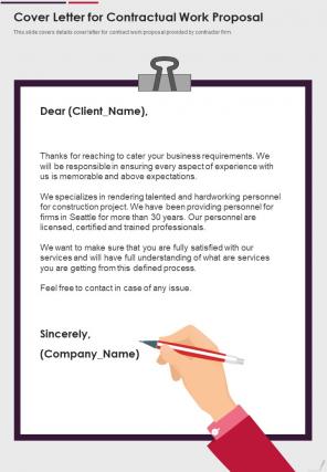 Cover Letter For Contractual Work Proposal One Pager Sample Example Document