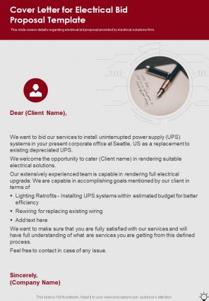 Cover Letter For Electrical Bid Proposal Template One Pager Sample Example Document