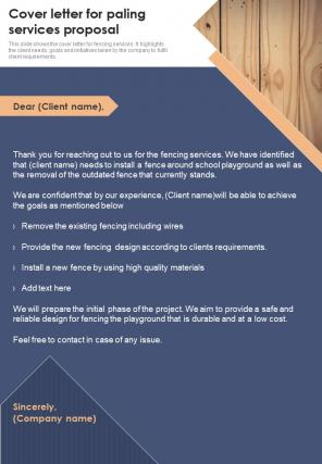Cover Letter For Paling Services Proposal One Pager Sample Example Document