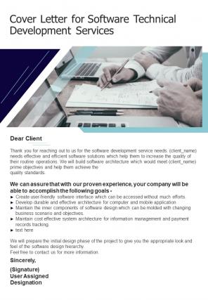Cover Letter For Software Technical Development Services One Pager Sample Example Document