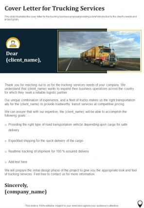 Cover Letter For Trucking Services One Pager Sample Example Document