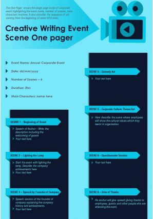 Creative writing event scene one pager presentation report infographic ppt pdf document