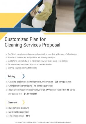 Customized Plan For Cleaning Services Proposal One Pager Sample Example Document