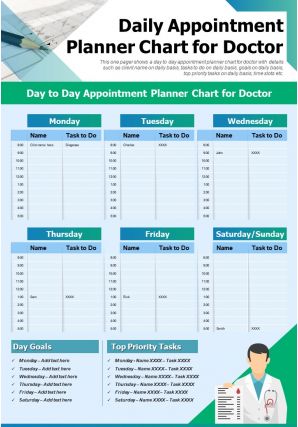 Daily appointment planner chart for doctor presentation report infographic ppt pdf document