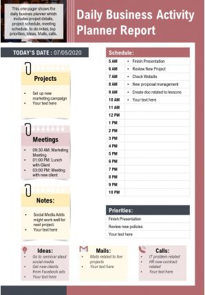 Daily business activity planner report presentation report infographic ppt pdf document