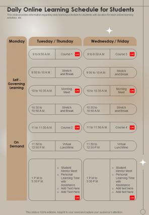 Daily Online Learning Schedule For Students One Pager Sample Example Document