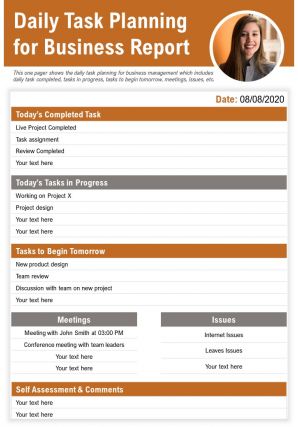Daily task planning for business report presentation report infographic ppt pdf document