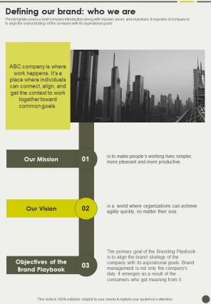 Defining Our Brand Who We Are Brand Playbook One Pager Sample Example Document