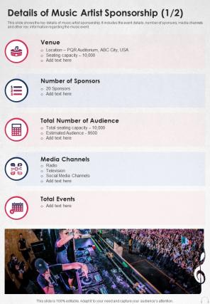 Details Of Music Artist Sponsorship One Pager Sample Example Document