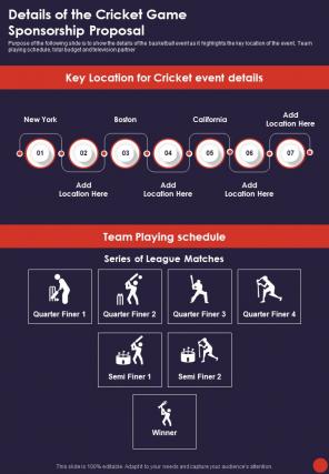 Details Of The Cricket Game Sponsorship Proposal Contd One Pager Sample Example Document