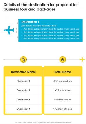 Details Of The Destination For Proposal For Business Tour And Packages One Pager Sample Example Document
