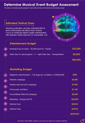 Determine Musical Event Budget Assessment One Pager Sample Example Document