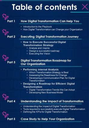 Digital Playbook Table Of Contents One Pager Sample Example Document