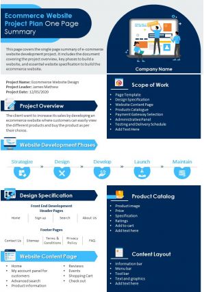 Ecommerce website project plan one page summary presentation report infographic ppt pdf document