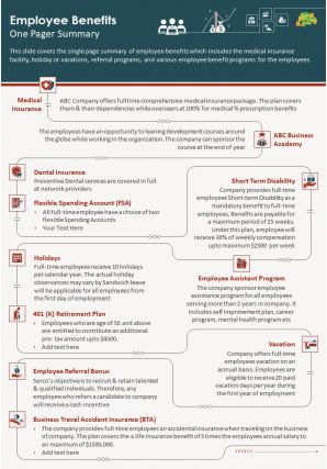 Employee benefits one pager summary presentation report infographic ppt pdf document