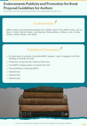 Endorsements Publicity And Promotion For Book Proposal Guidelines For Authors One Pager Sample Example Document