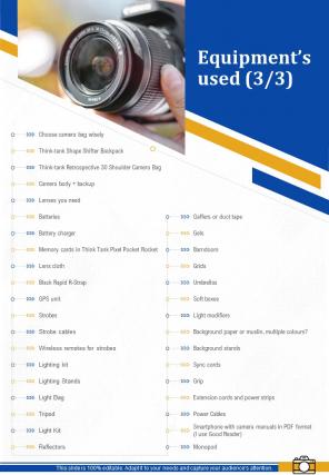Equipments Used Corporate Photography Proposal Template One Pager Sample Example Document