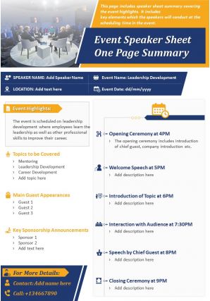 Event speaker sheet one page summary presentation report infographic ppt pdf document