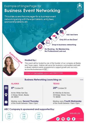 Example of single page for business event networking presentation report infographic ppt pdf document