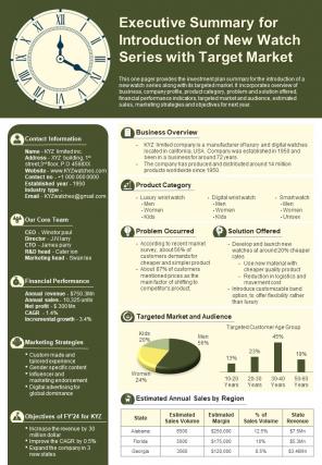 Executive Summary For Introduction Of New Watch Series With Target Market Presentation Infographic PPT PDF Document
