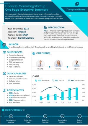 Financial consulting start up one page executive summary presentation report infographic ppt pdf document