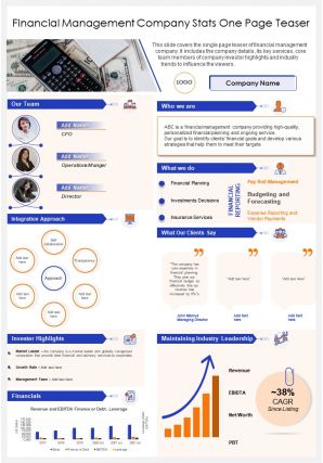 Financial management company stats one page teaser presentation report ppt pdf document