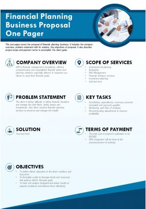 Financial planning business proposal one pager presentation report ppt pdf document