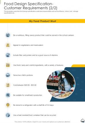 Food Design Specification Customer Requirements One Pager Sample Example Document