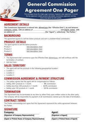 General commission agreement one pager presentation report infographic ppt pdf document