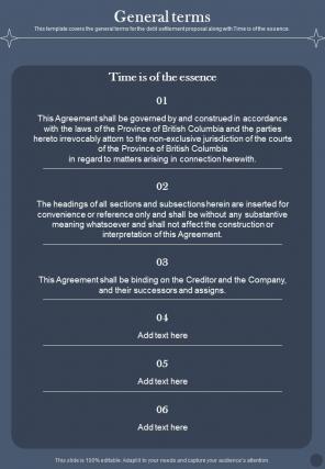 General Terms Debt Settlement Agreement One Pager Sample Example Document