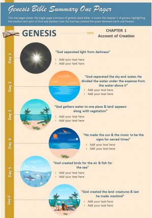 Genesis bible summary one pager presentation report infographic ppt pdf document