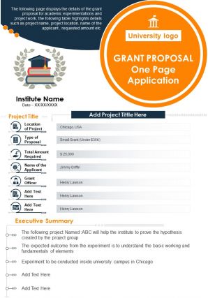 Grant proposal one page application presentation report infographic ppt pdf document