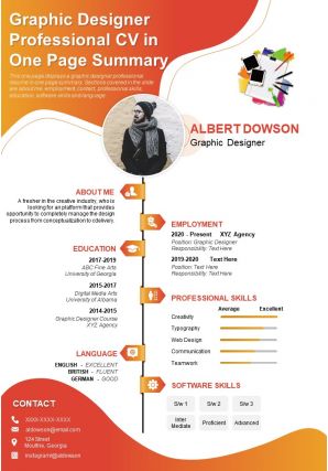 Graphic designer professional cv in one page summary presentation report infographic ppt pdf document