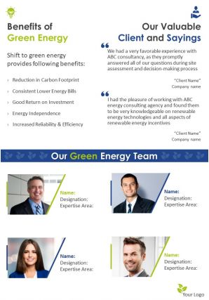 Green energy consultancy company four page brochure template