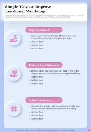Health And Fitness Playbook Simple Ways To Improve Emotional One Pager Sample Example Document
